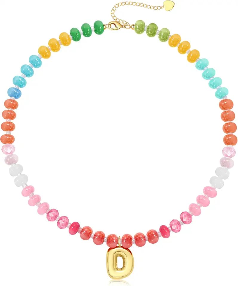 Initial Necklaces for Women, Beaded Necklaces for Women with Bubble Necklace Letter Stocking Stuffers for Teens Trendy Stuff Colorful Gemstone Choker 14k Gold Letter A-Z Pendant Summer Beach Christmas Birthday Jewelry for Her Girlfriend Sister