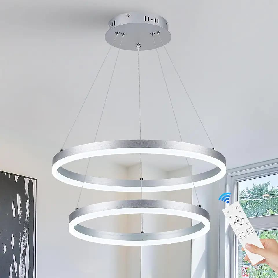 Benkut 2 Ring LED Chandelier Silver Circular LED Pendant Light with Remote