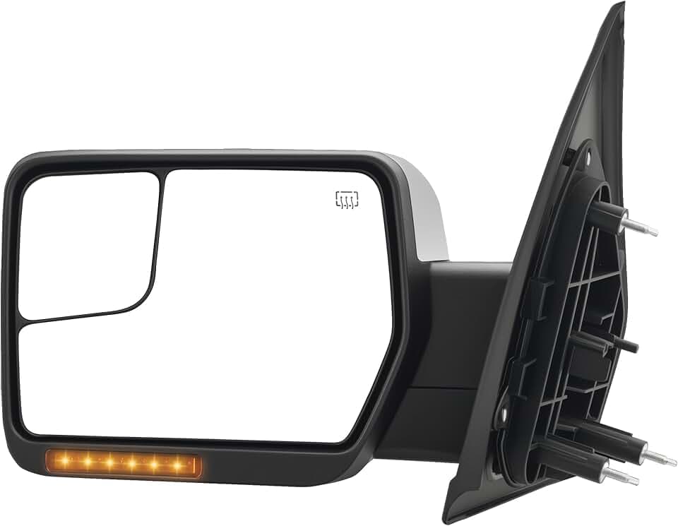 Driver Side Tow Mirror Compatible with 2004-2014 Ford F150, Side Mirror with Power Heated Turn Signal Puddle Light Manual Folding, Reflective Strip, Chrome Housing, Left