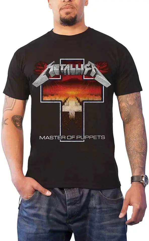 Metallica T Shirt Master Of Puppets Cross Band Logo Official Mens Black Size