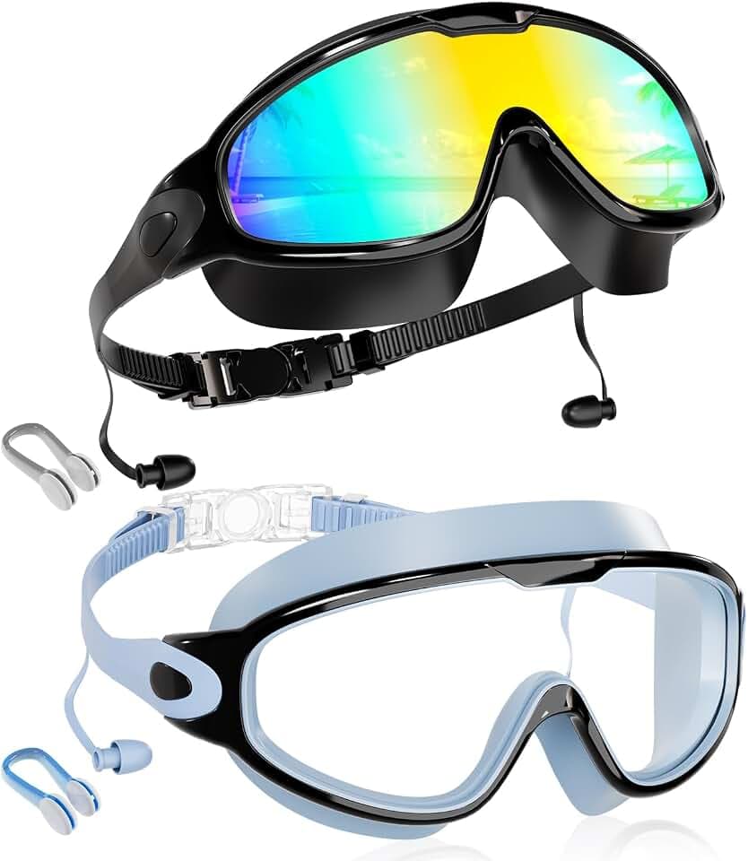 Aegend New Kids 2 Pack Wide View Swim Goggles, Anti-Fog/UV No Leak Goggles with Ear Plugs Kids 3-14