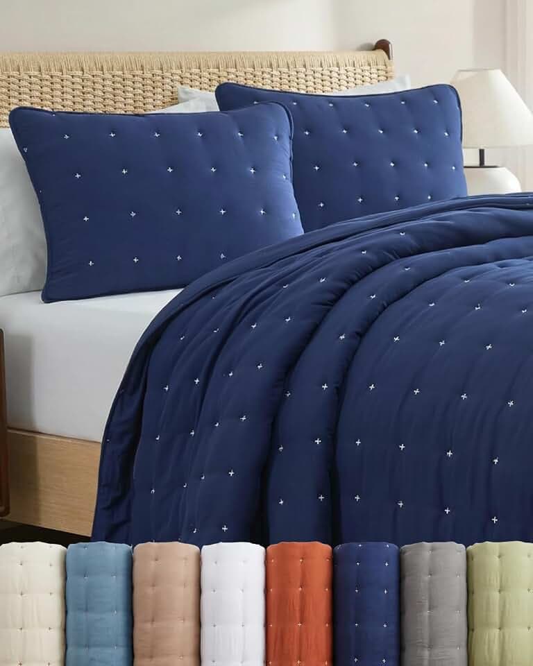 Quilt Set Queen Size - Soft Lightweight Boho Bed Set - Navy, 90" x 96"