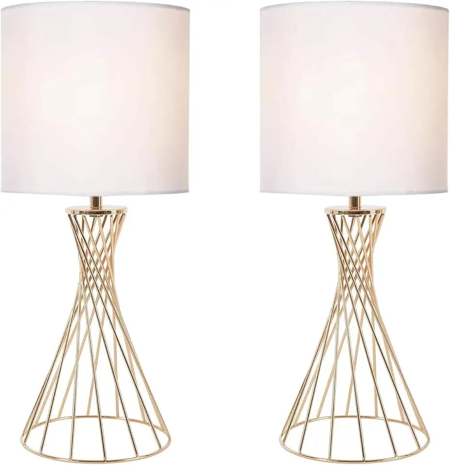 Gold Table Lamp Set of 2, Modern Bedside Lamp for Nightstand, Small lamp for Bedroom, Metal Geometric Hollow Out Base with White Fabric Shade