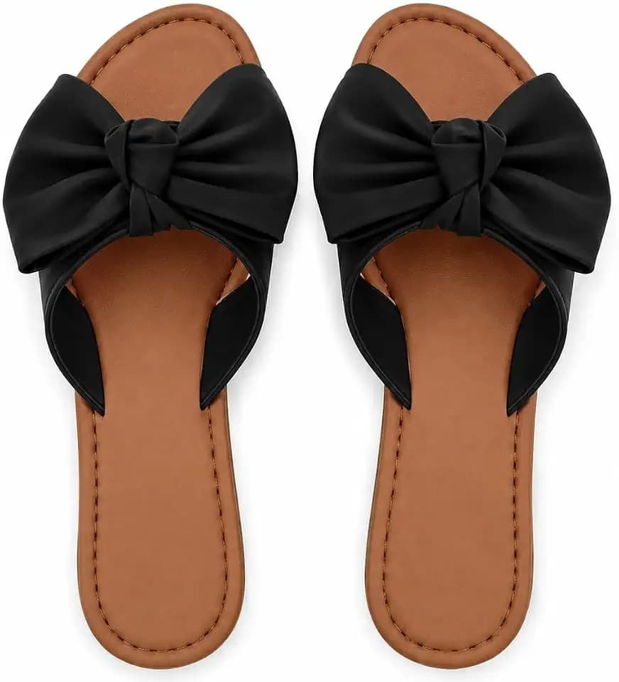 Tiara Women's Bow Sandals, Slip On Flat Slides with Bow Detail