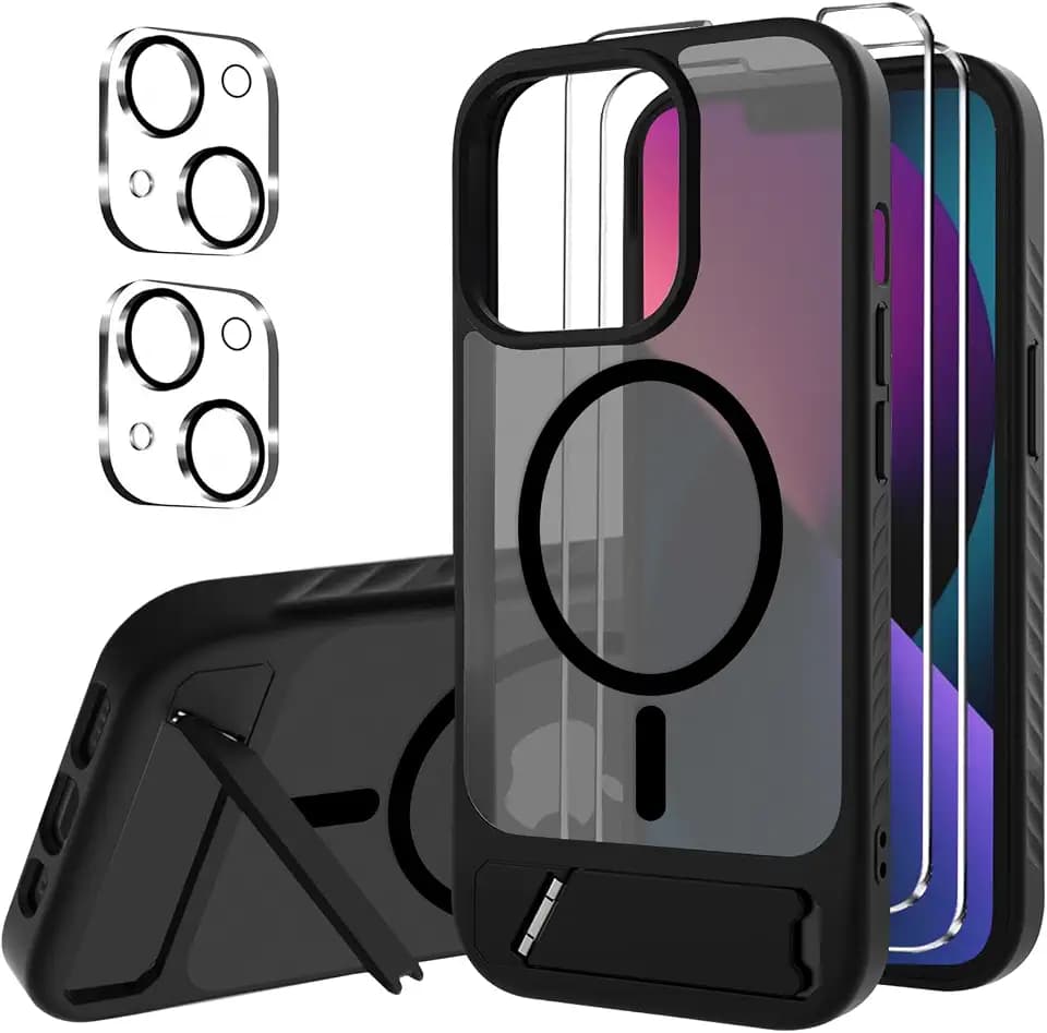 Magnetische Hülle für iPhone 13 6.1" Hülle , [Standfunktion ] Matte TPU Schutzhülle mit Magnetsicher mit 2 Stücke Schutzfolie + 2 Kameraschutz Displayschutzfolie für iPhone 13 6.1" - Schwarz
