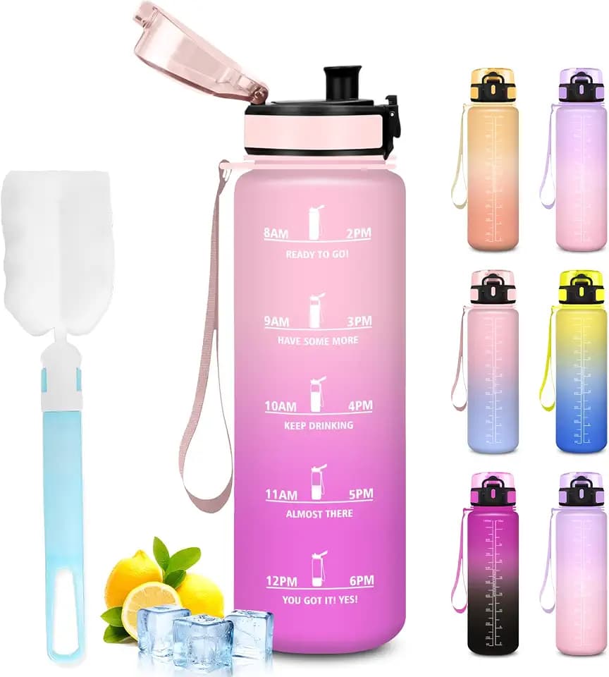 Trinkflasche Sport, Wasserflasche 1l, Trinkflasche Auslaufsicher, Flasche mit Zeitmarkierung, Wasserflasche mit Wasserbecherbürste, Leicht zu Reinigen, für Fitness, Erwachsene, Gym
