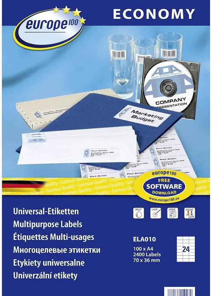Europe100 Art. ELA010 Adressaufkleber (2.400 Klebeetiketten, 70x36mm auf A4, Papier matt, individuell bedruckbar, selbstklebende Adressetiketten, kompatibel zu AVERY 3475) 100 Blatt, weiß
