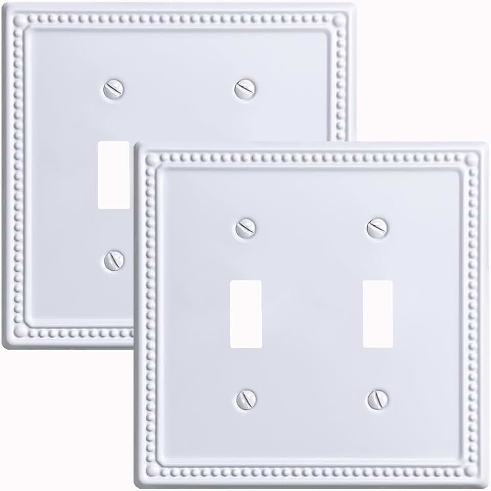 Metal Outlet Covers Wall Plates, White Beadboard Switch Plate Cover, Receptacle Light Switch Covers, Decorative Electrical Outlet Cover (2 Gang Toggle 2 Pack)