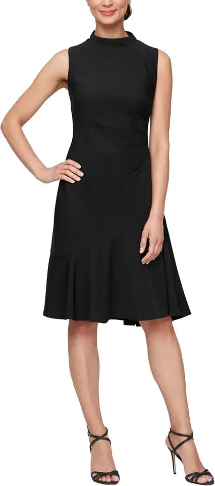 S.L. Fashions Women's Short Sleeveless Cocktail Dress with High Neck and Flounce Hemline