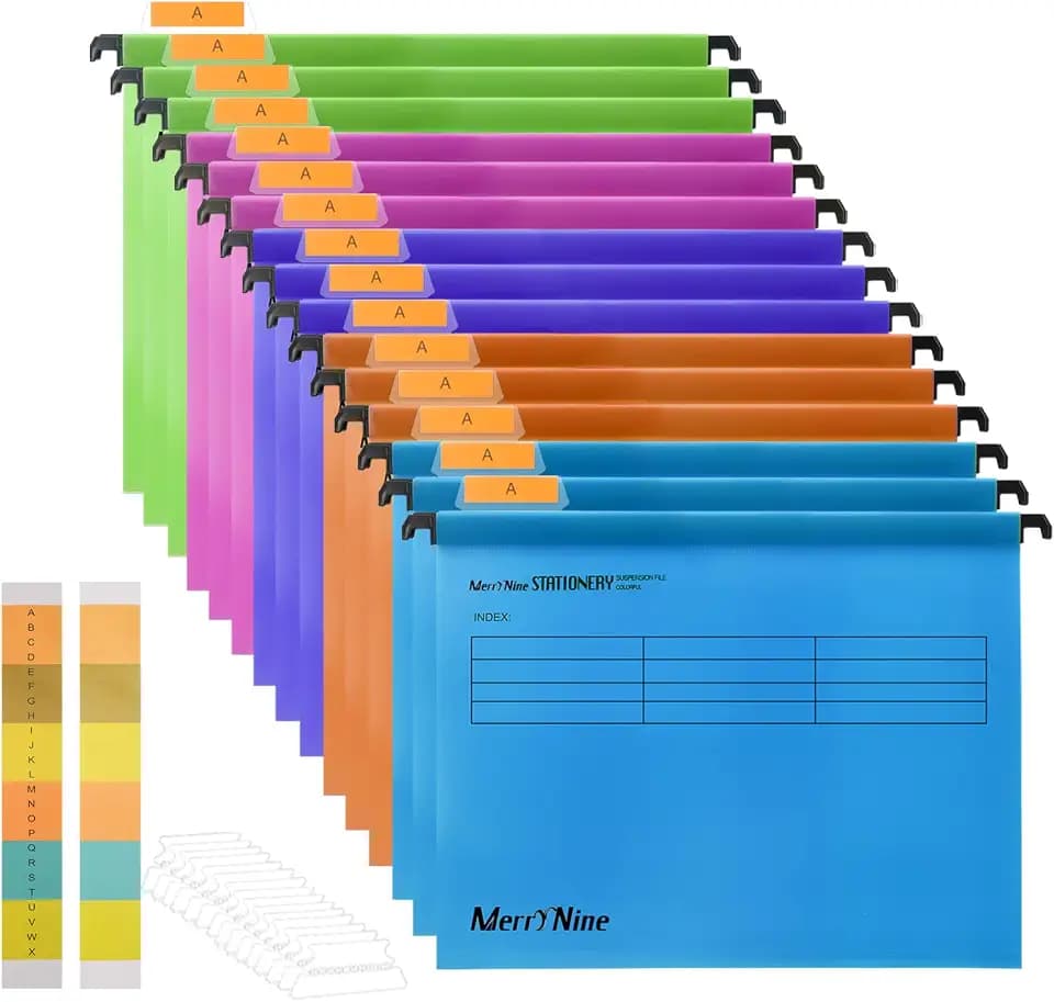FOOLSCAP, MerryNine Hängemappen, Polypropylen, Hängemappen mit Tabs und Karteneinsätzen für Schule, Zuhause, Arbeit, Büro, Organisation (410 x 255 mm)