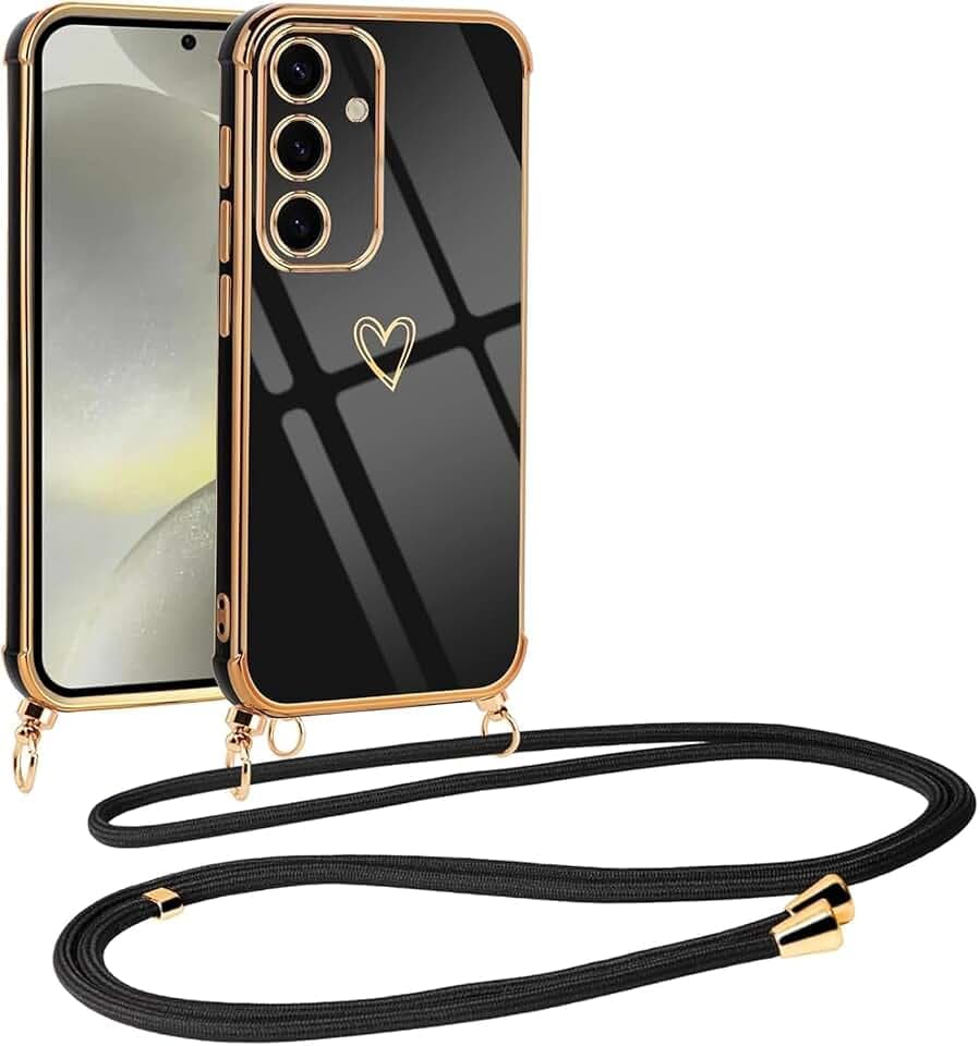 Vauki handyband für Samsung Galaxy S25 Plus 5G Hülle mit Band, Handyhülle mit Kette, Herz Motiv, Ultra Dünn Stoßfeste Aesthetic Silikon Case mit Kordel zum Umhängen für Samsung S25+, Schwarz