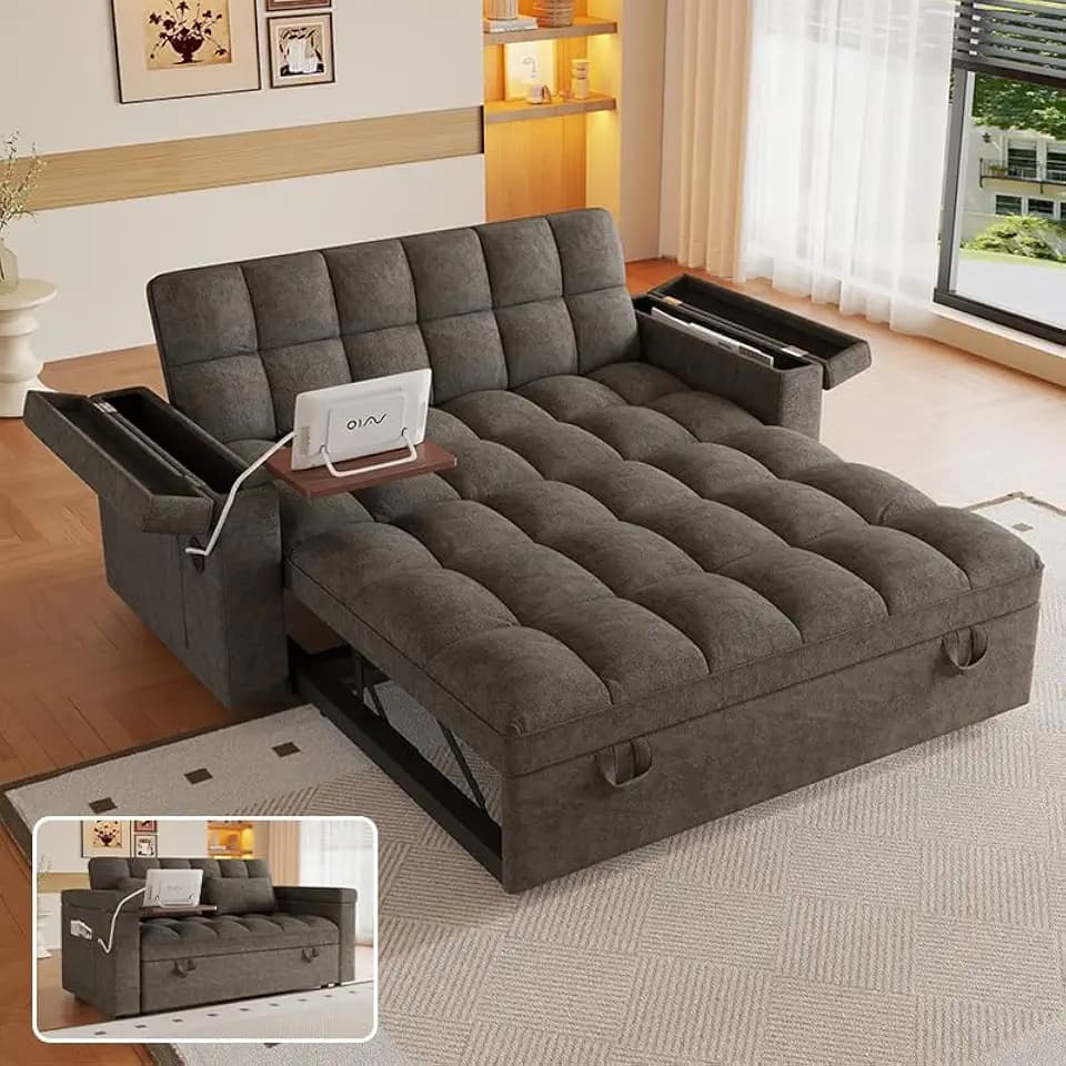 65" 3-in-1 Convertible Sofa Bed, Pull Out Sleeper Couch with USB Charging, Adjustable Backrest, Deep Seat Chenille Loveseat, Pillows and Side Storage for Apartment, Guest Room, Studio and Small Spaces