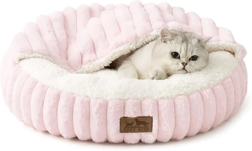 COZY KISS Katzenbett mit Decke 50cm, Runde Höhle für Kleine Katzen, Rose