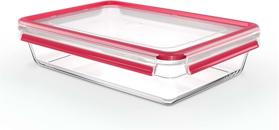 EMSA Clip & Close Glas Frischhaltedose, rechteckig, 3 L, 100 Prozent dicht, rutschfestes Stapeln, Glasbehälter spülmaschinen-, gefrier-, backofen-, mikrowellenfest, Rot, Transparent, N10412