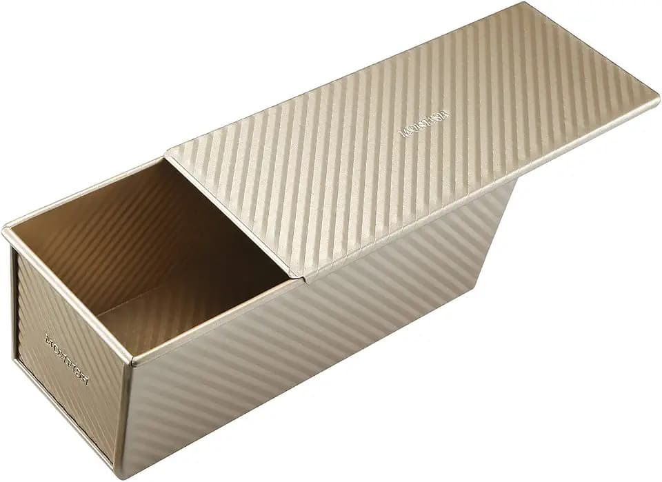 Monfish Brotbackformen Toast Brot Backform Pullman Laib Pfanne Brot Laib Dose mit verschiebbarem Deckel Aluminium Stahl 1000g Teig Champagner Gold Antihaft 34 x 13,5 x 12 cm