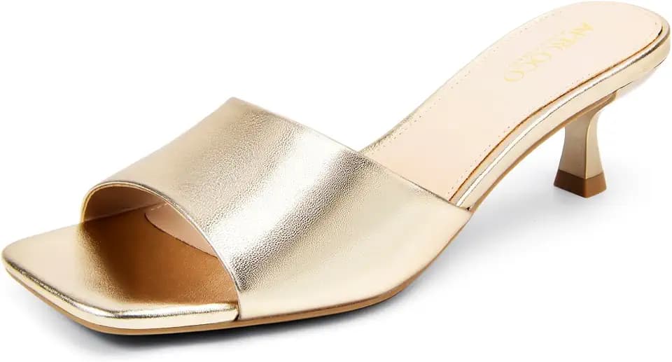 AprCoco Women Kitten Heels Sandals Low Heels Square Open Toe One Band Slip-On Heeled Mules Comfortable Dressy Vacation Sandals,Size 10，Gold