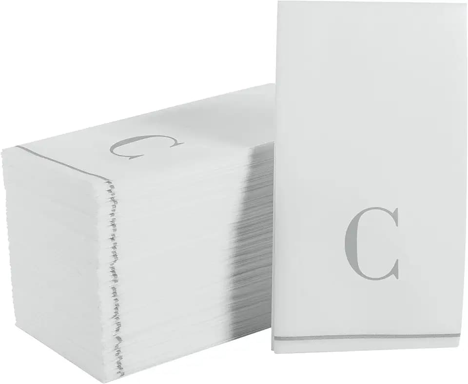 Luxe Party 112 Pack Monogram Napkins | Letter C Initial | Disposable | Premium Airlaid | Linen Feel | Decorative Table Setting | Guest Towel Napkin | White and Silver