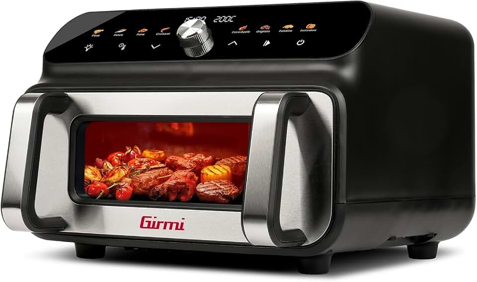 Girmi FG77 Heißluftfritteuse und Grill Ecofrit Grill, 10 Liter, 2000 W, 50–230°C, Digitaldisplay, Smokeless Barbecue-Funktion, Antihaft-Zubehör, Doppelheizung, Schwarz/Edelstahl