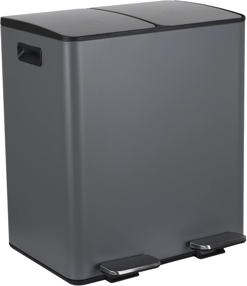Spirella – 40 l (2 x 20 l) Küchenabfalleimer mit Pedalantrieb – Modell Aliya – Gebürsteter Edelstahl – Deckel mit Soft-Close-Funktion – Herausnehmbare Eimer – Seitliche Griffe – Mattgrau