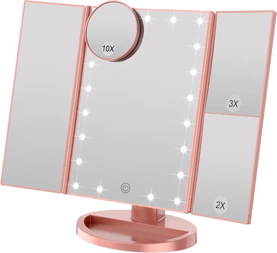 WEILY Schminkspiegel mit Beleuchtung, Faltbarer Kosmetikspiegel mit 3X/2X/1X Vergrößerung, 21 natürliche LED Lichter, Batteriebetrieben Order USB Aufladen dimmbarer Makeup Mirror (Rosengold)