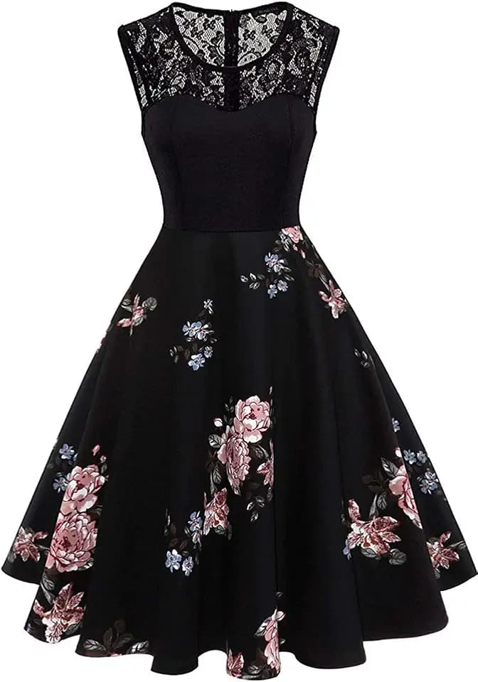 AXOE Damen Vintage Blumenkleid 50er Jahre mit Spitze