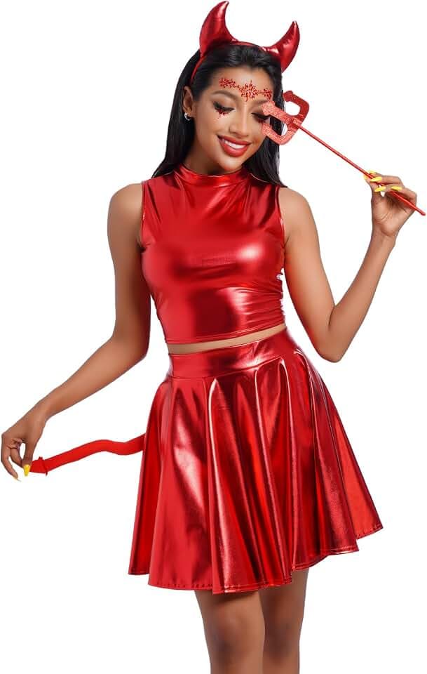 ODIZLI Women Halloween Angle Devil Costume Outfit Wings Halo Headband Wand Devil Horn Pitchfork Tail Cosplay Set