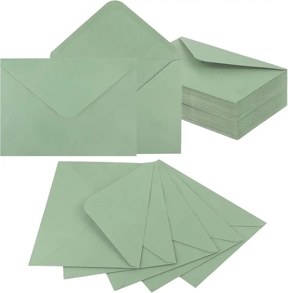 100 Stück Briefumschläge Eukalyptus-Grün - Umschläge B6 13x18, 120g/m², ohne Fenster, Spitze Klappe, Nassklebeverschluss, für Hochzeit, Grußkarten, Einladungen, Feiertage