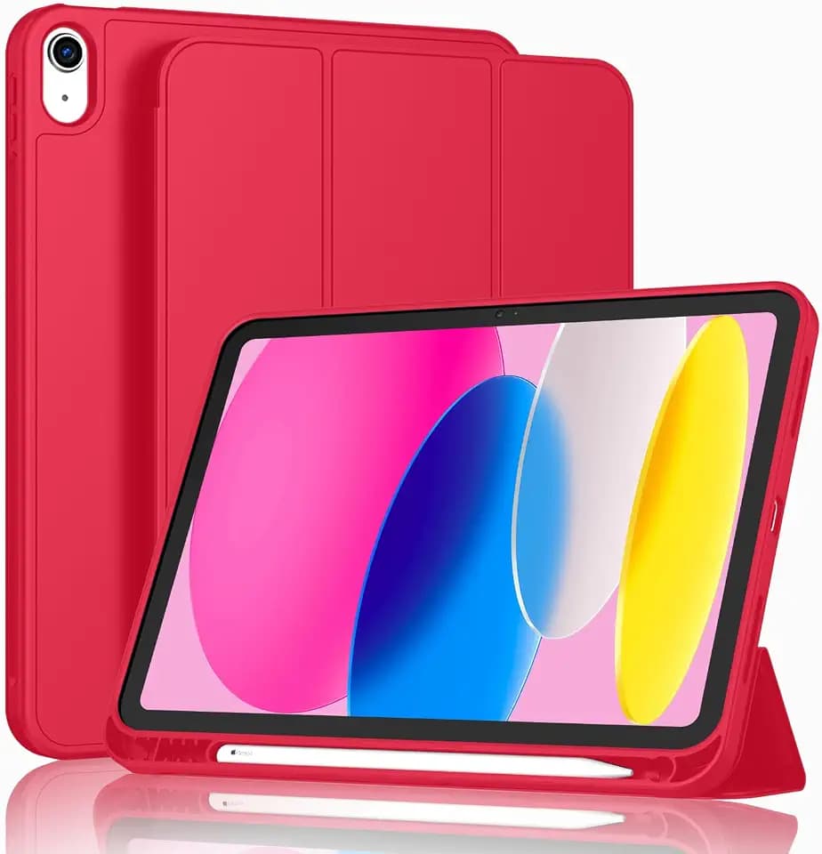 ToaPoia Case for iPad (A16) 11 Inch 2025/iPad 10th Generation 10.9 Inch 2022, Slim Trifold Stand Protective Cover with Pencil Holder and Soft TPU Back,Support Auto Sleep/Wake (Red)