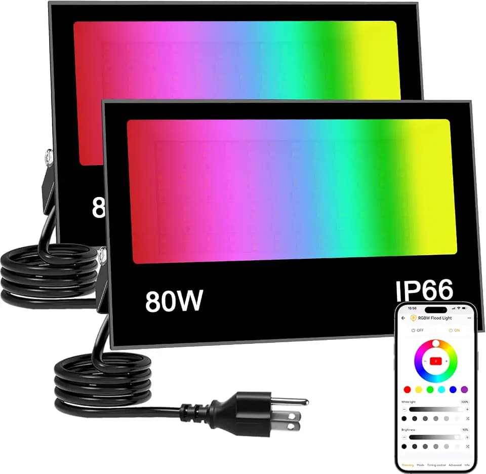 FastDeng LED Flood Light Outdoor 80W RGB Color Changing, Smart Floodlights RGBW 2700K 8000LM Warm White & 16 Million Colors, 43 Modes Stage Lights, Grouping, Timing, IP66 Waterproof (2 Pack)