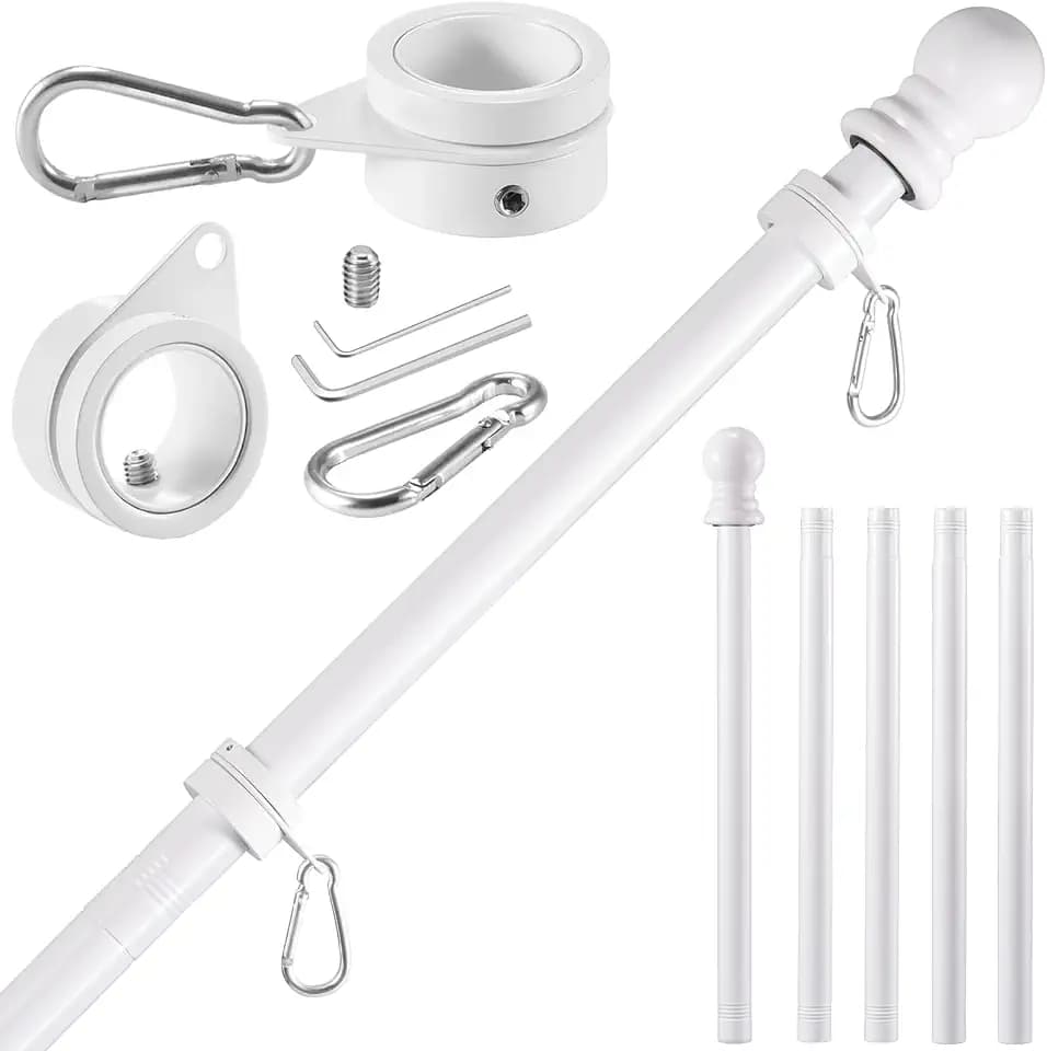 BONWIN White Flag Pole Kit for Outside House, 6 FT Thickened Stainless Steel Wall Mount Flag Pole for 3x5'/ 4x6' American Flag, 1" Anti-Wrap Spinning Flagpole Rings Hardware Kits for Porch Yard