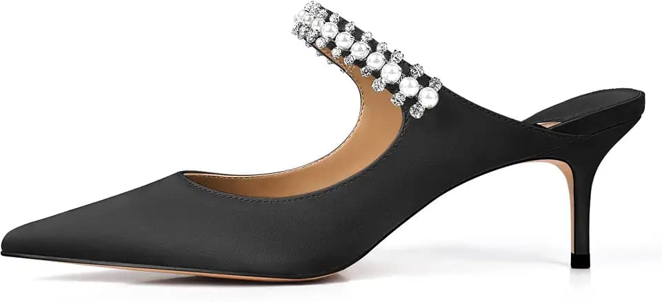 XINIUNIU Heeled Mules for Women Rhinestone Kitten Heels