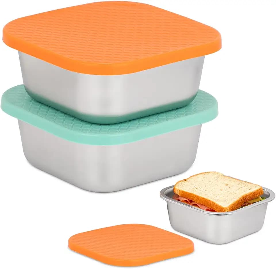 2 Pack Stainless Steel Sandwich Containers & Box, Food Storage, Orange/Blue