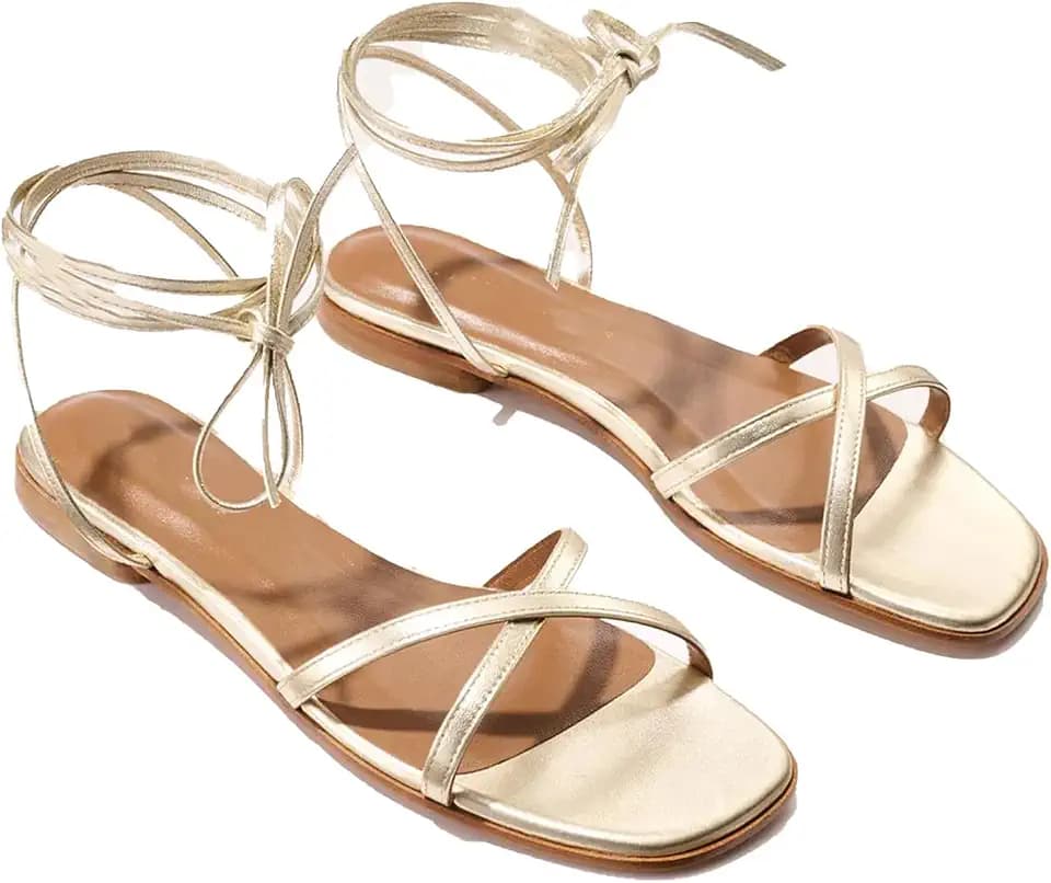 Strappy Flats Sandals for Women Summer Gladiator Lace Up Flat Sandals Open Square Toe Casual Beach Slides Sandals