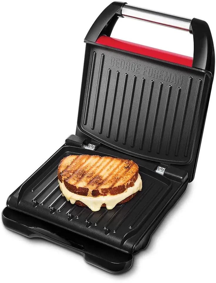 George Foreman Kontaktgrill & Panini- / Sandwichgrill [Größe 24x17cm - für 3 Portionen] Compact Steel Rot (für Fleisch, Fisch und Gemüse, Panini und Sandwichmaker, Reduziert bis zu 42 % Fett)25030-56