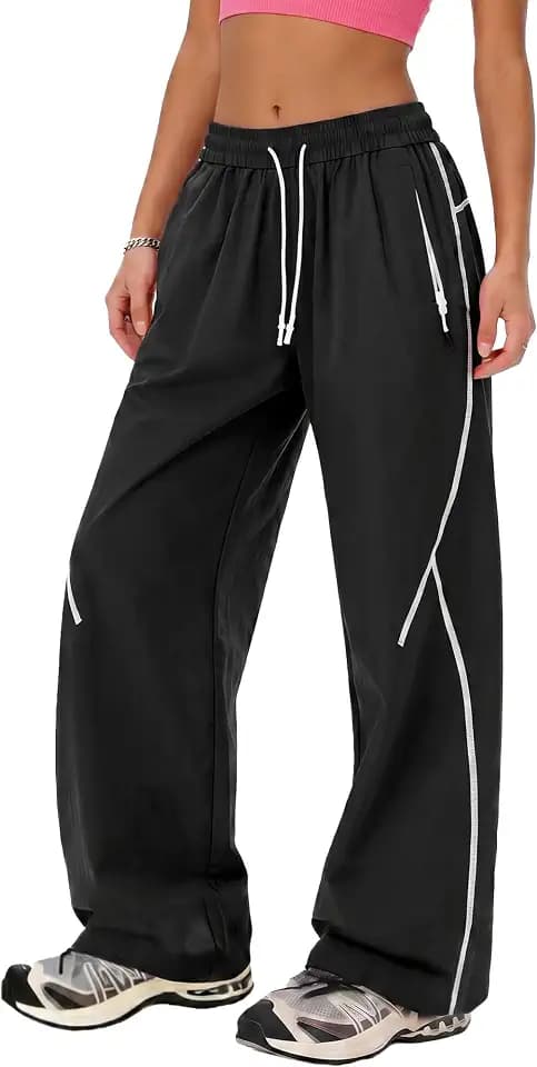 FEOYA Damen Baggy Parachute Hose Y2K Cargohose Hohe Taille Weites Bein Wasserfest Schnelltrocknend Outdoor Wanderhose mit Taschen