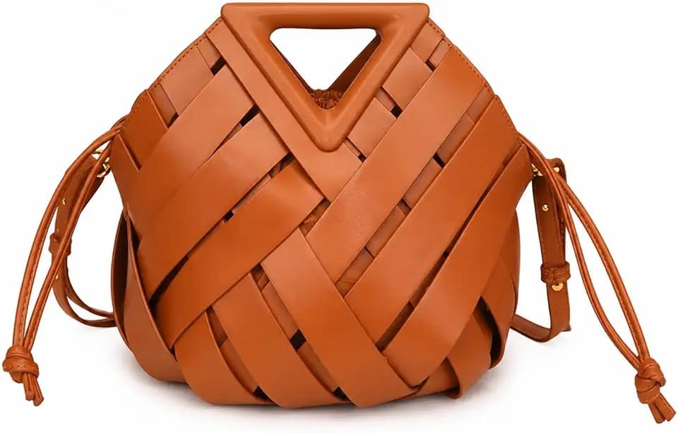 Woven Bucket Bag for Women, Retro Vegan Leather Bucket Purse, Crossbody Shoulder Bag Adjustable Strap, Top Handle Hobo Purse