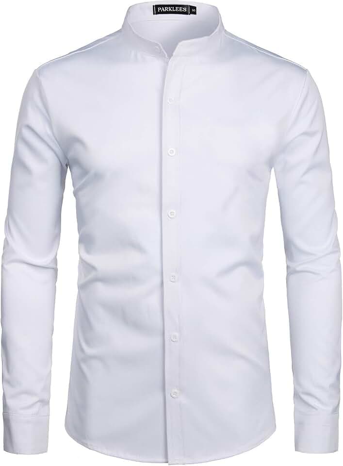 PARKLEES Herren Einfarbig Slim Fit Bügelleicht Langarm Stehhkragen Hemd Business Freizeithemd