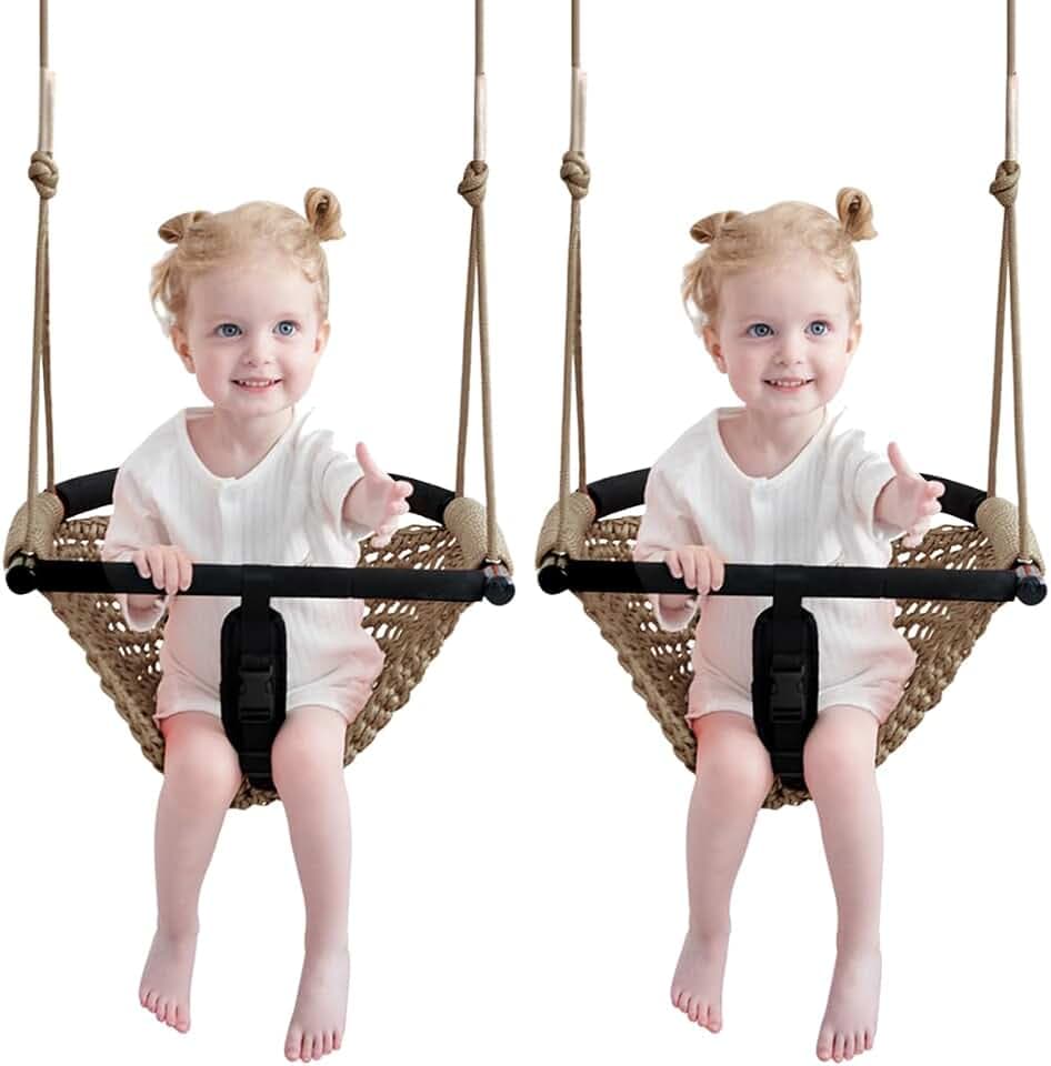2-in-1 Toddler Swing, Adj Ropes, Ind/Out, Heavy-Duty,Light Brown 2-Pack