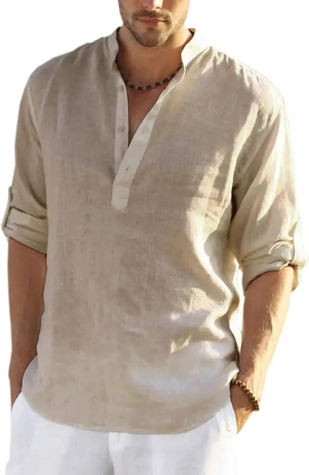 COOFANDY Men's Cotton Linen Henley T-Shirts Long Sleeve Casual Beach Shirts