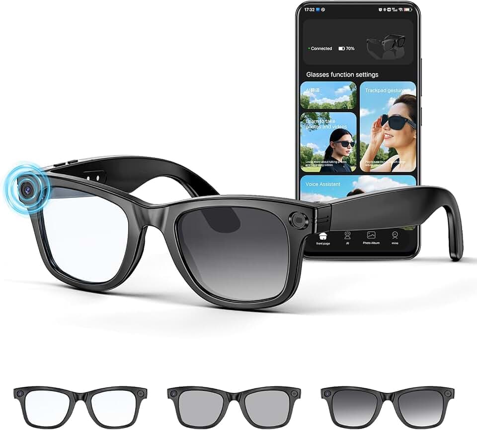 Mingtawn AI Smart Glasses 4K HD Camera, BT Call, 800W Anti-Shake Camera Glasses with Video Recording Dual Mic, Simultaneous Interpretation/GPT Identify Objects, 270mAh Photochromic Glasses（Black