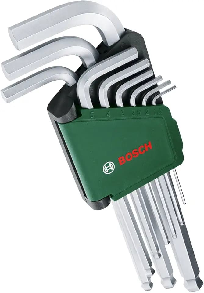Bosch Innensechskantschlüssel-Set, 9-teilig (Mit Kugelkopf für vielseitige Aufgaben; aus hochwertigem S2-Stahl; 1,5–10 mm; lange Ausführung; Aufbewahrungsclip)