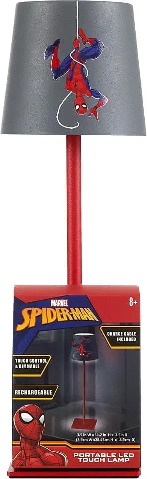Marvel Spiderman Kids Touch Night Light Lamp, Rechargeable Battery Operated Bedroom Table Lamp with Touch On/Off, Portable LED Desk Light with Charging Cord for Nursery & Children’s Room