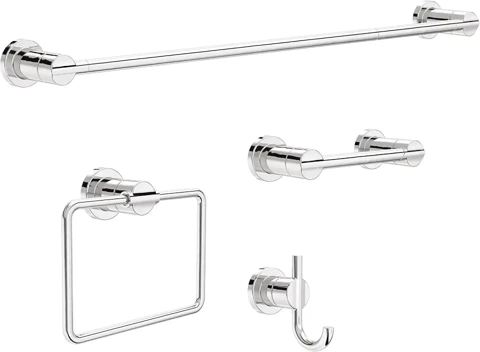 Delta 4-Piece Polished Chrome Bathroom Set Towel Rack, Ring, Toilet Paper Holder, Hook | Nicoli Bath Accessories