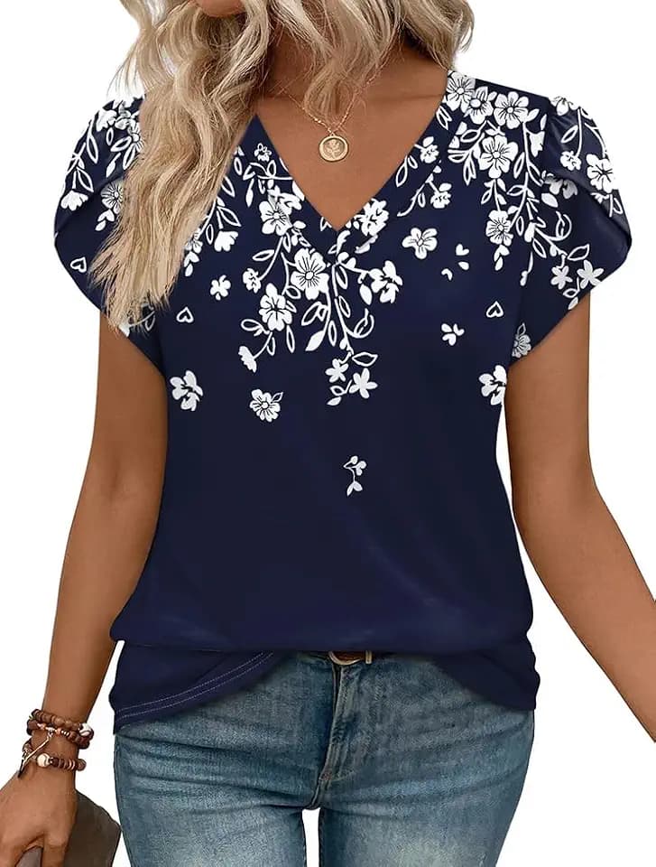 WIHOLL Womens Tops Dressy Casual Petal Sleeve Summer Spring Short Sleeve V Neck Shirts Work Business Vacation Clothes 2026