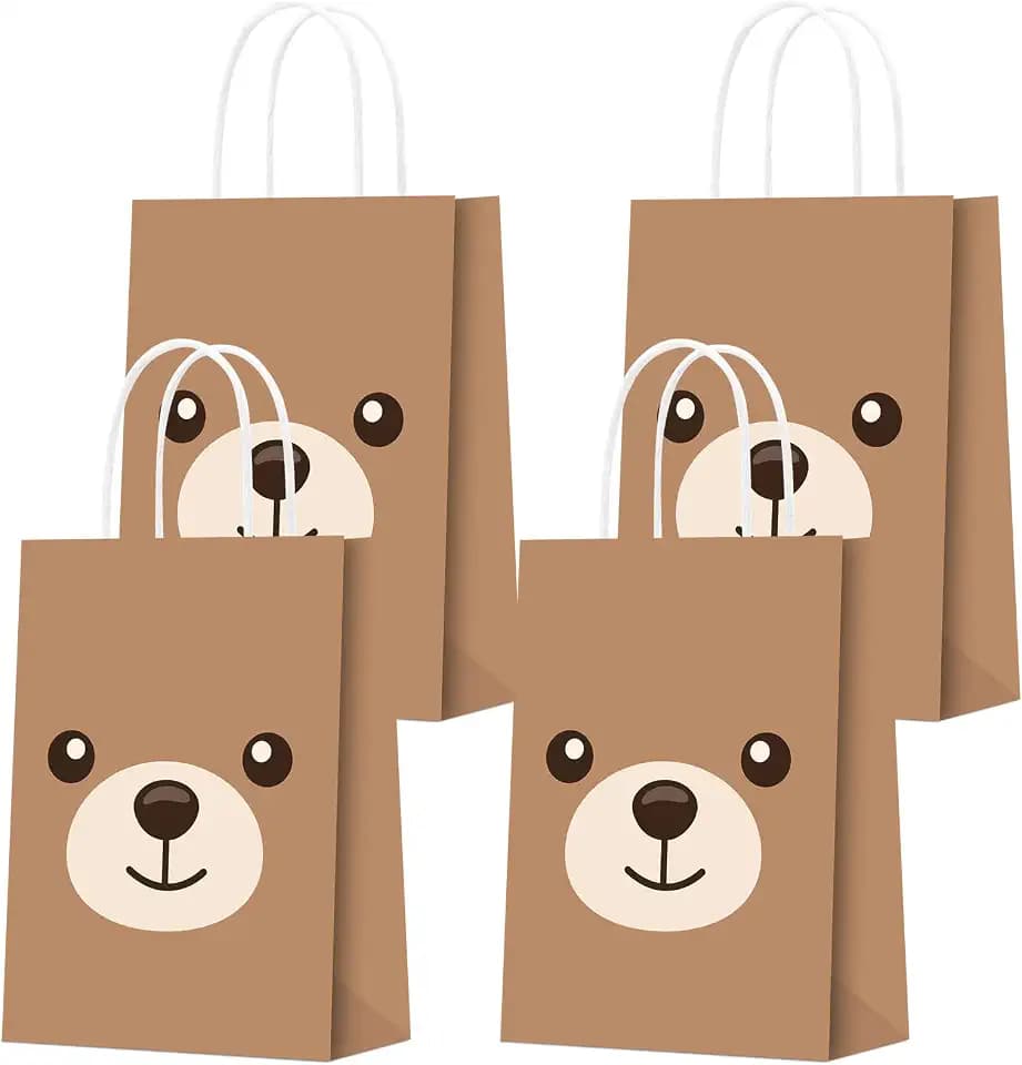 KERINGO 16 PCS Bear Party Decorations - Gift Treat Bags for Baby Shower, Kids Birthday Party Supplies and Decor - Paper Goody Candy Snack Bags for Boys and Girls