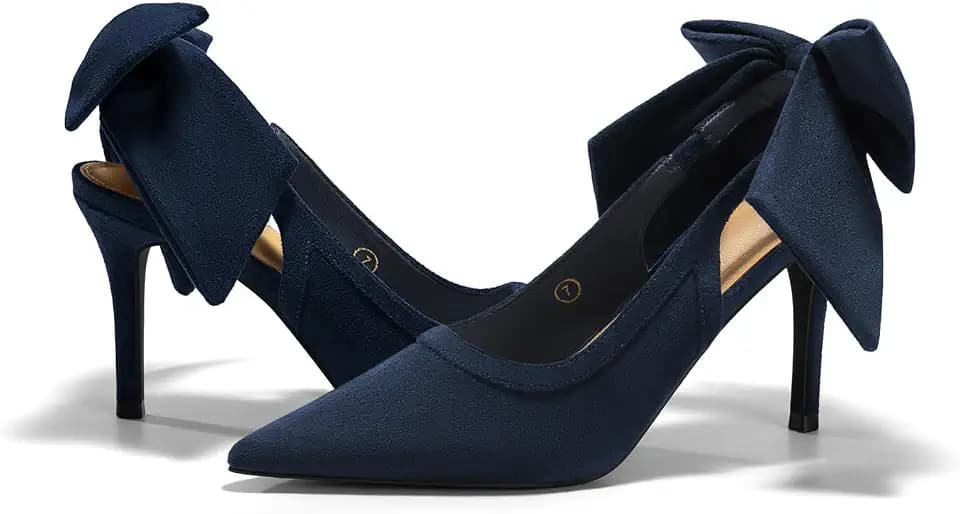 Coutgo Womens Slingback High Heels Bow Closed Pointed Toe Lace Patchwork Party Dress Shoes
