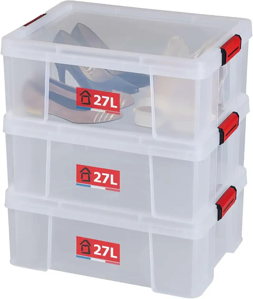 SUNDIS Clip'N Store, 3er-set Aufbewahrungsboxen 27l mit Schnappdeckel, transparentem Kunststoff, verstärkt, stapelbar, für Lebensmittelkontakt geeignet