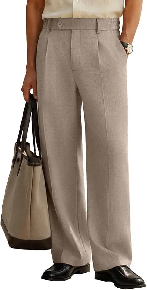 Susclude Mens Plaid Casual Dress Pants Old Money Wide Leg Baggy Pleated Slacks Elastic Waist Work Vacation Trousers
