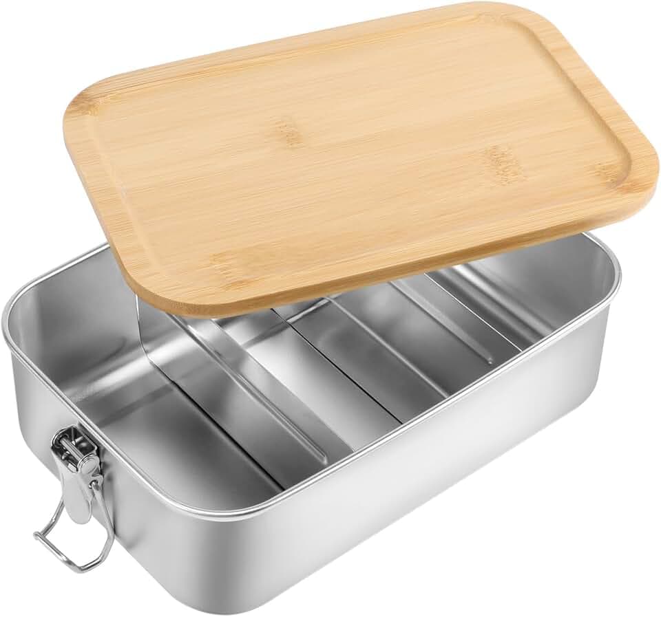Edelstahl Brotdose mit Holzdeckel, Bambus Deckel Bento Box mit 2 Fächern, Metalldose mit Holzdeckel, Bento Lunchbox Schule & Ausflüge Lunchbox Schule Arbeit Picknick für Erwachsene(1400ml)
