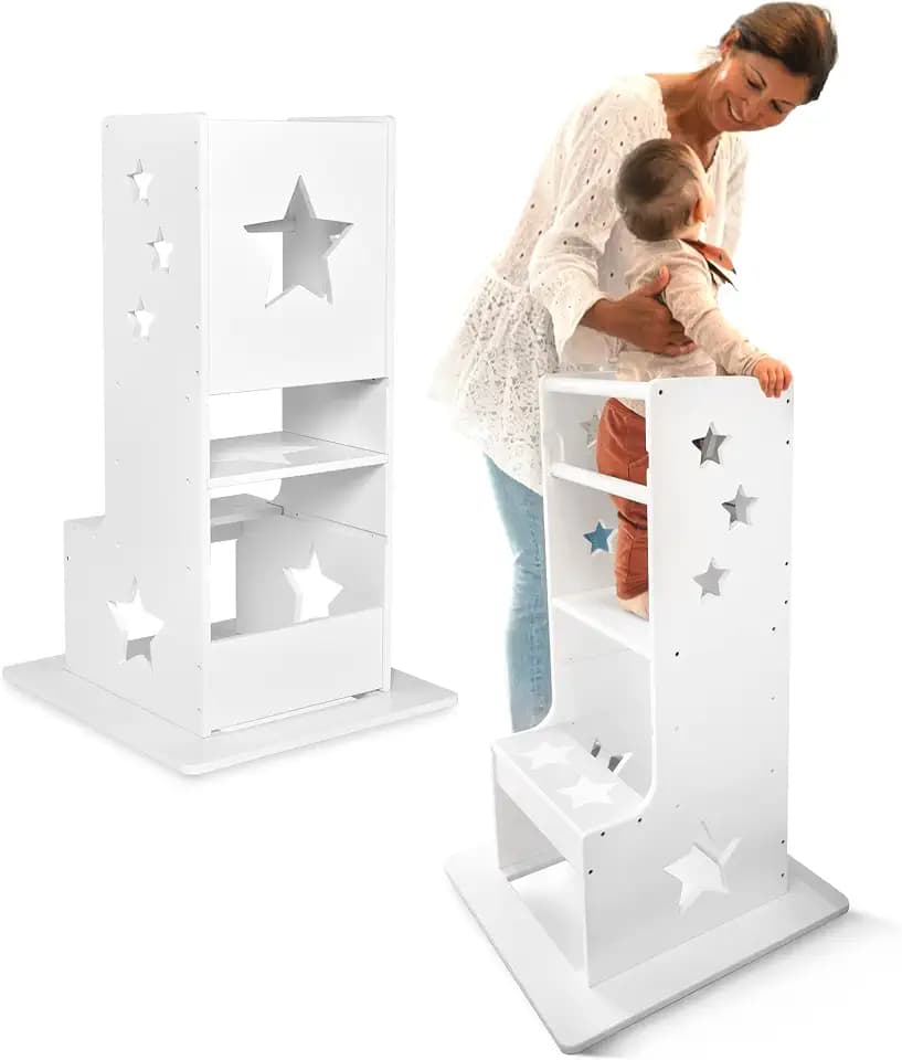 Kids Woody Star® Lernturm ab 1 Jahr [360° KIPPSCHUTZ] Höhenverstellbar Learning Tower Lernturm Montessori | Tritthocker Kinder | Schemel Lernstuhl Lerntower | Weiß